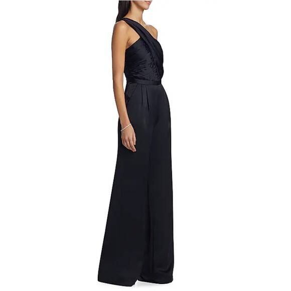 RAMY BROOK Women's Black Myra Asymmetric Pleated Satin Jumpsuit Size 10 - Picture 3 of 8